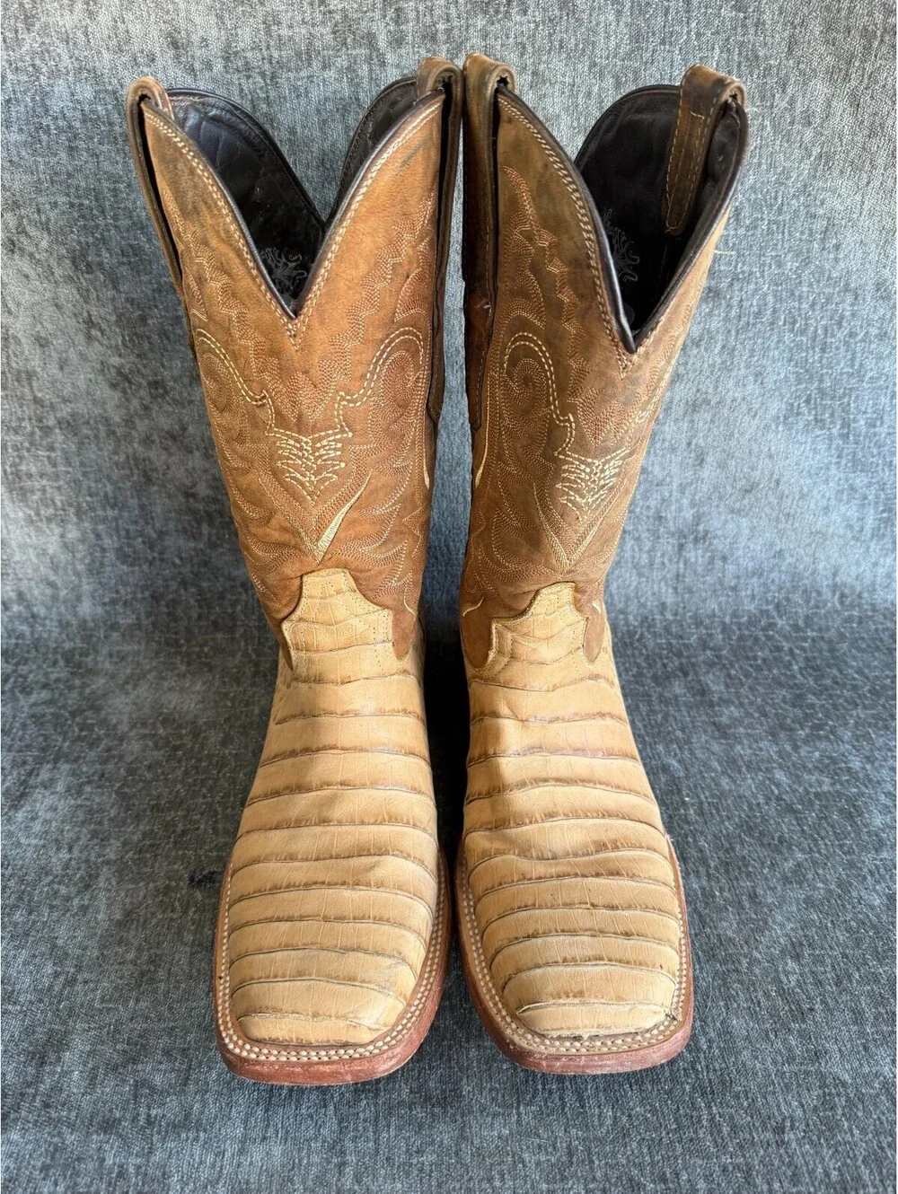 Tanner Mark Mens Cowboy Boots Size 7 Caiman Tail Print Tan Leather Square Toe
